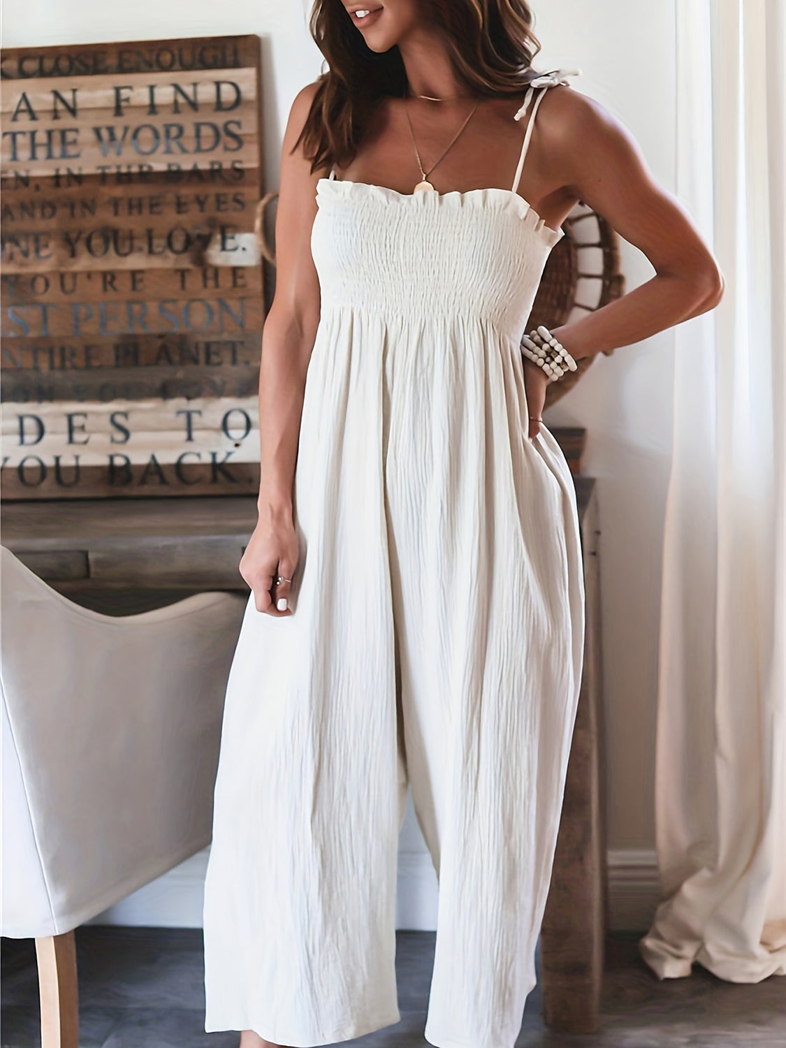 Smocked Spaghetti Strap Wide Leg Jumpsuit - MONLANE