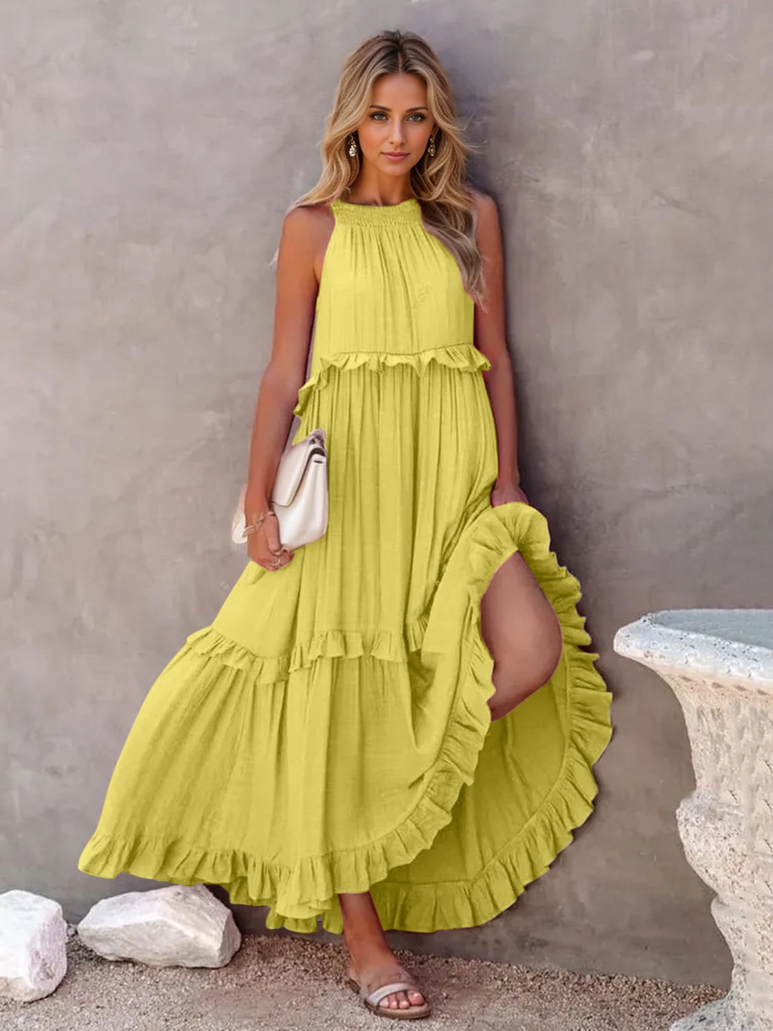 Ruffled Sleeveless Tiered Maxi Dress with Pockets - MONLANE