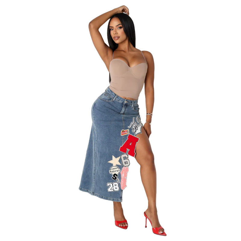 Embroidered Elastic Letter Denim Skirt