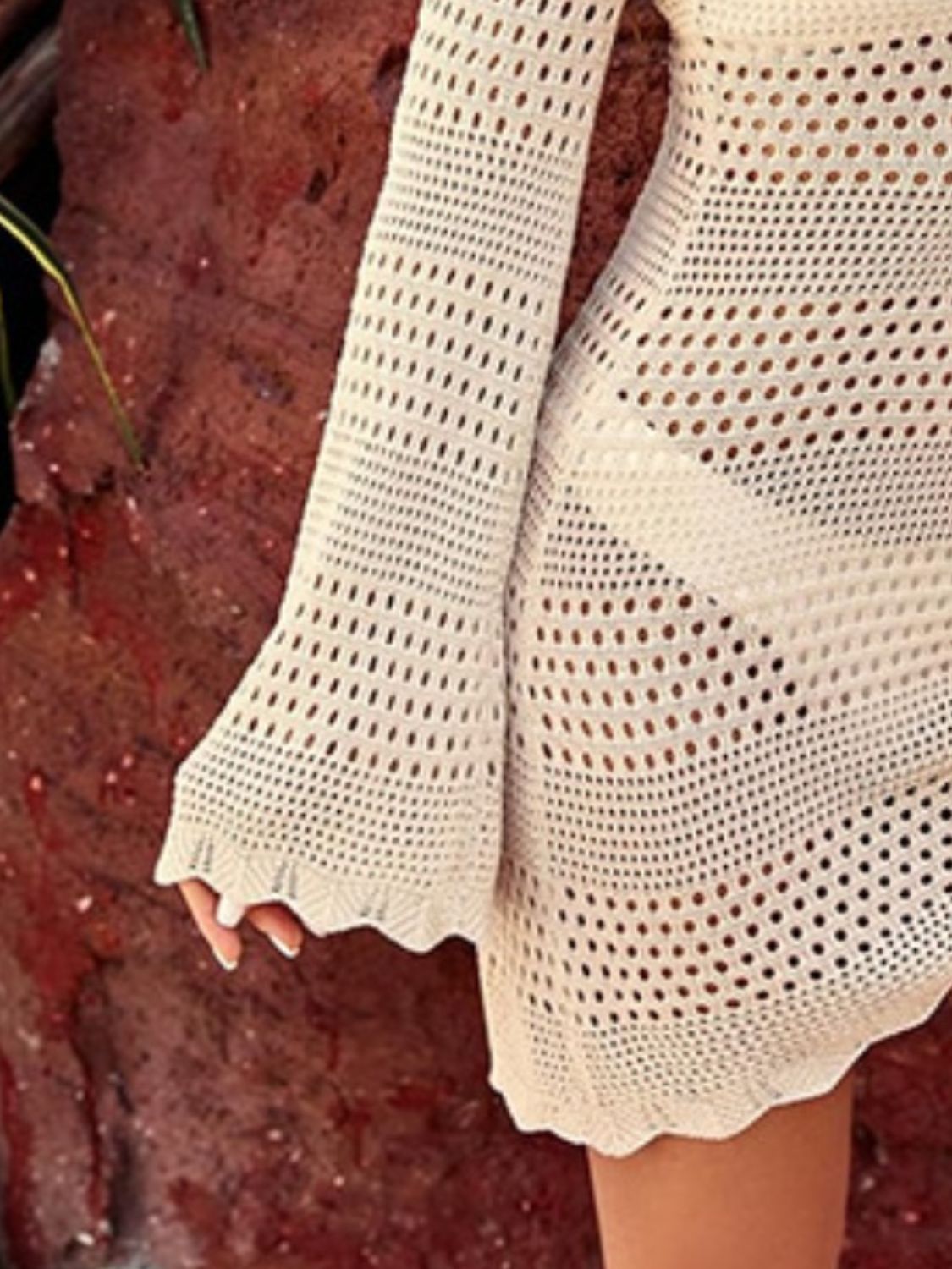 Drawstring Backless Round Neck Long Sleeve Cover Up - MONLANE