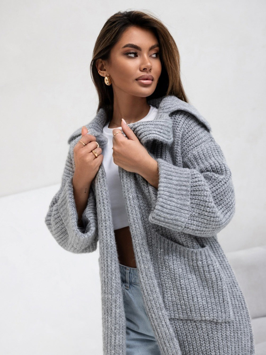 Pocketed Dropped Shoulder Cardigan
