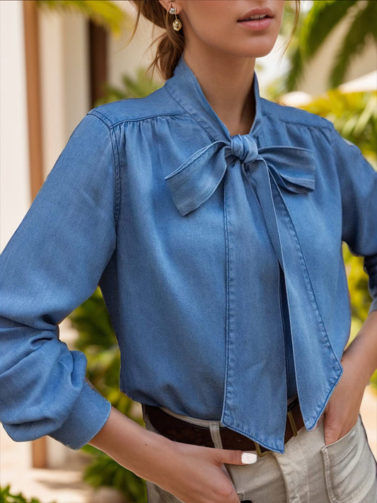Tie Neck Long Sleeve Denim Top - MONLANE