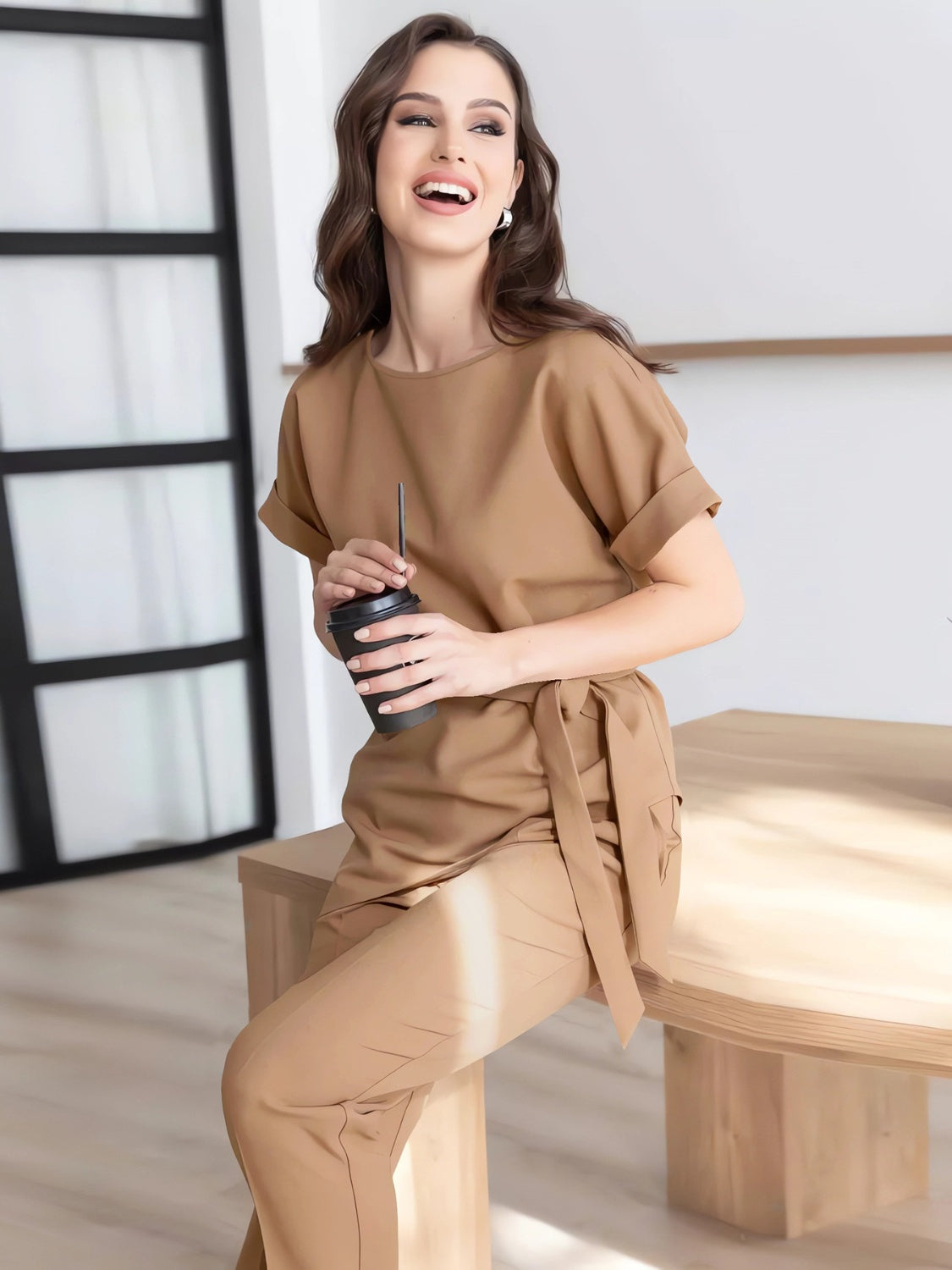 Round Neck Short Sleeve Top and Pants Set - MONLANE