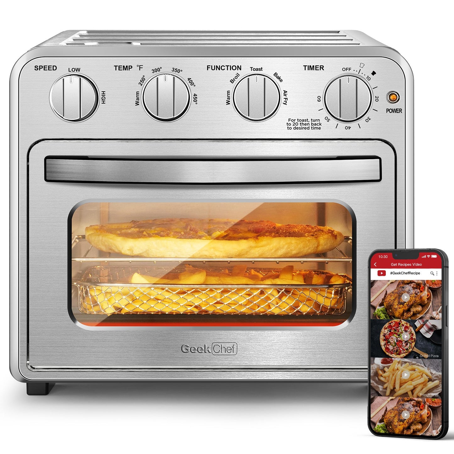 Geek Chef Air Fryer Toaster Oven Combo, 4 Slice Toaster Convection Air Fryer Oven Warm, Broil, Toast, Bake, Air Fry, Oil-Free, Accessories Included, Stainless Steel, Silver(16QT Air Fryer Oven) - MONLANE