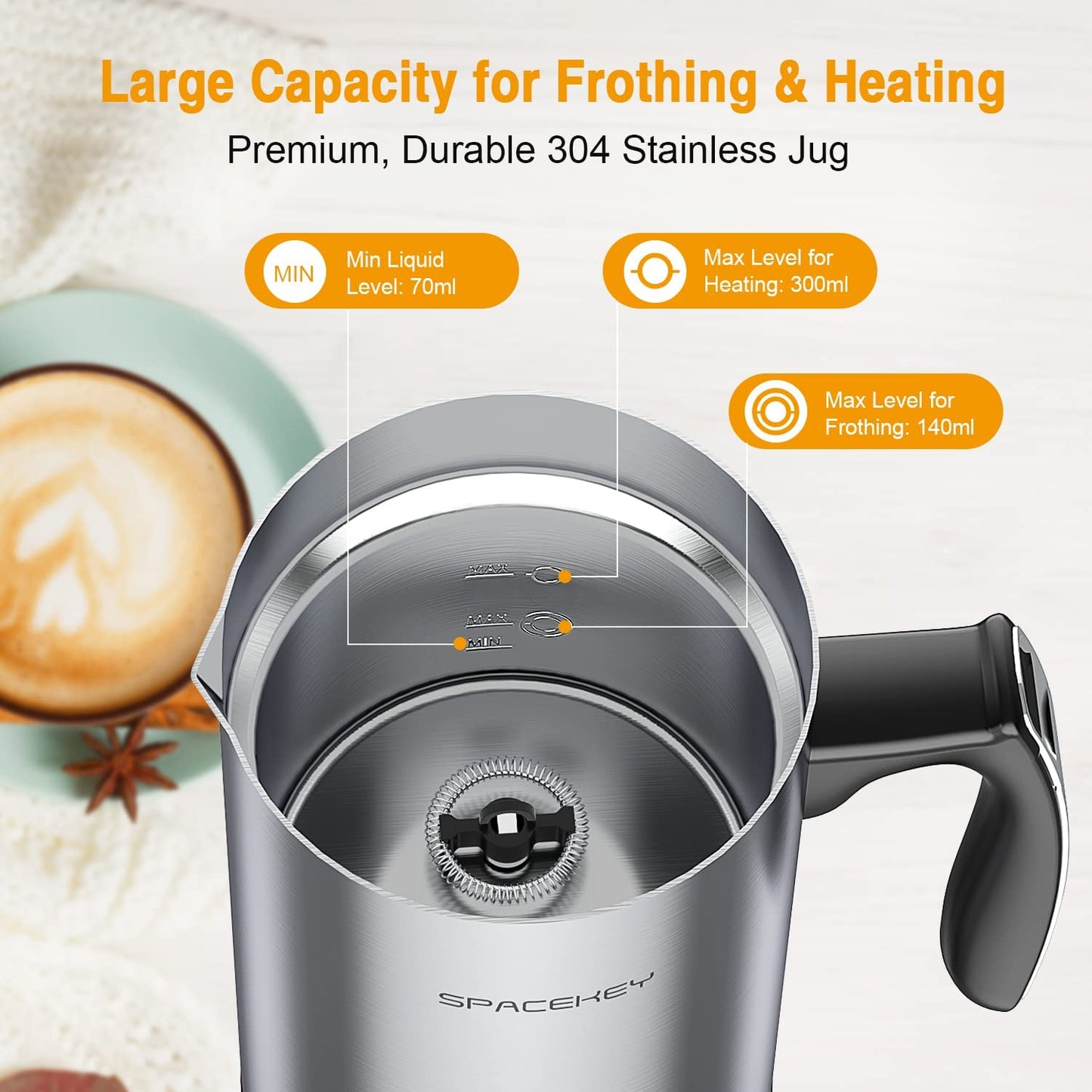 Milk Frother, Electric Milk Steamer, Spacekey 4-in-1 Automatic Hot and Cold Foam Maker with Touch Screen, 10oz/300ml Stainless Steel Milk Foamer with Buzzer for Latte,Cappuccinos,Chocolate Milk,Silver - MONLANE