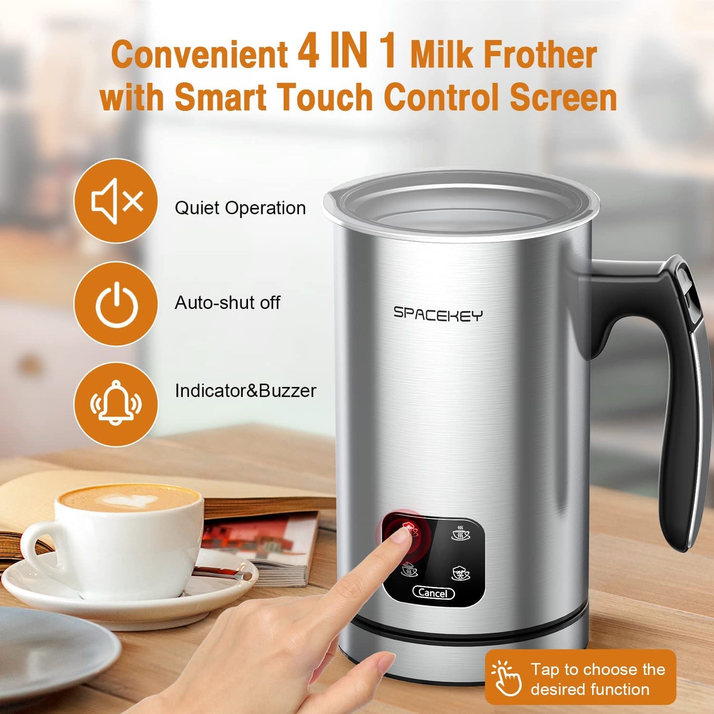Milk Frother, Electric Milk Steamer, Spacekey 4-in-1 Automatic Hot and Cold Foam Maker with Touch Screen, 10oz/300ml Stainless Steel Milk Foamer with Buzzer for Latte,Cappuccinos,Chocolate Milk,Silver - MONLANE