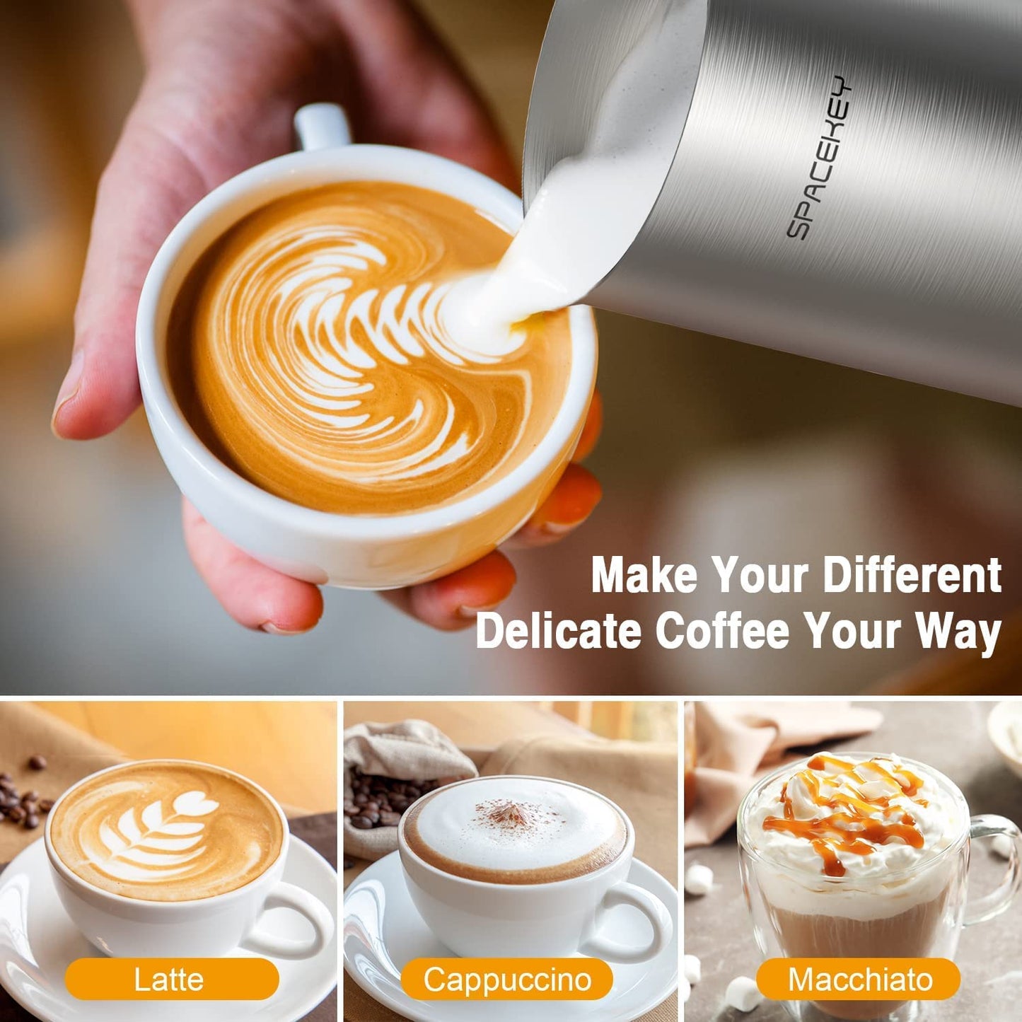 Milk Frother, Electric Milk Steamer, Spacekey 4-in-1 Automatic Hot and Cold Foam Maker with Touch Screen, 10oz/300ml Stainless Steel Milk Foamer with Buzzer for Latte,Cappuccinos,Chocolate Milk,Silver - MONLANE