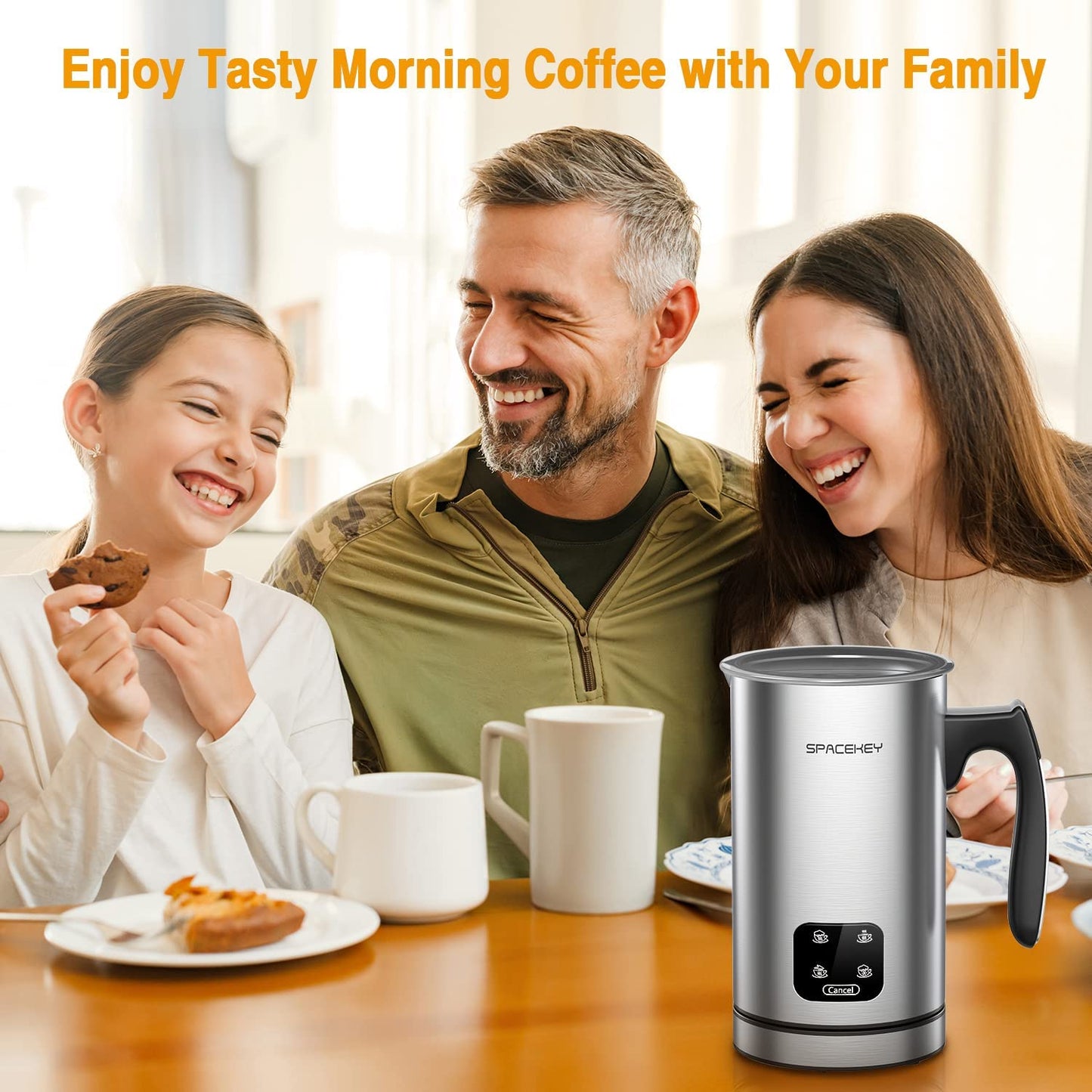 Milk Frother, Electric Milk Steamer, Spacekey 4-in-1 Automatic Hot and Cold Foam Maker with Touch Screen, 10oz/300ml Stainless Steel Milk Foamer with Buzzer for Latte,Cappuccinos,Chocolate Milk,Silver - MONLANE