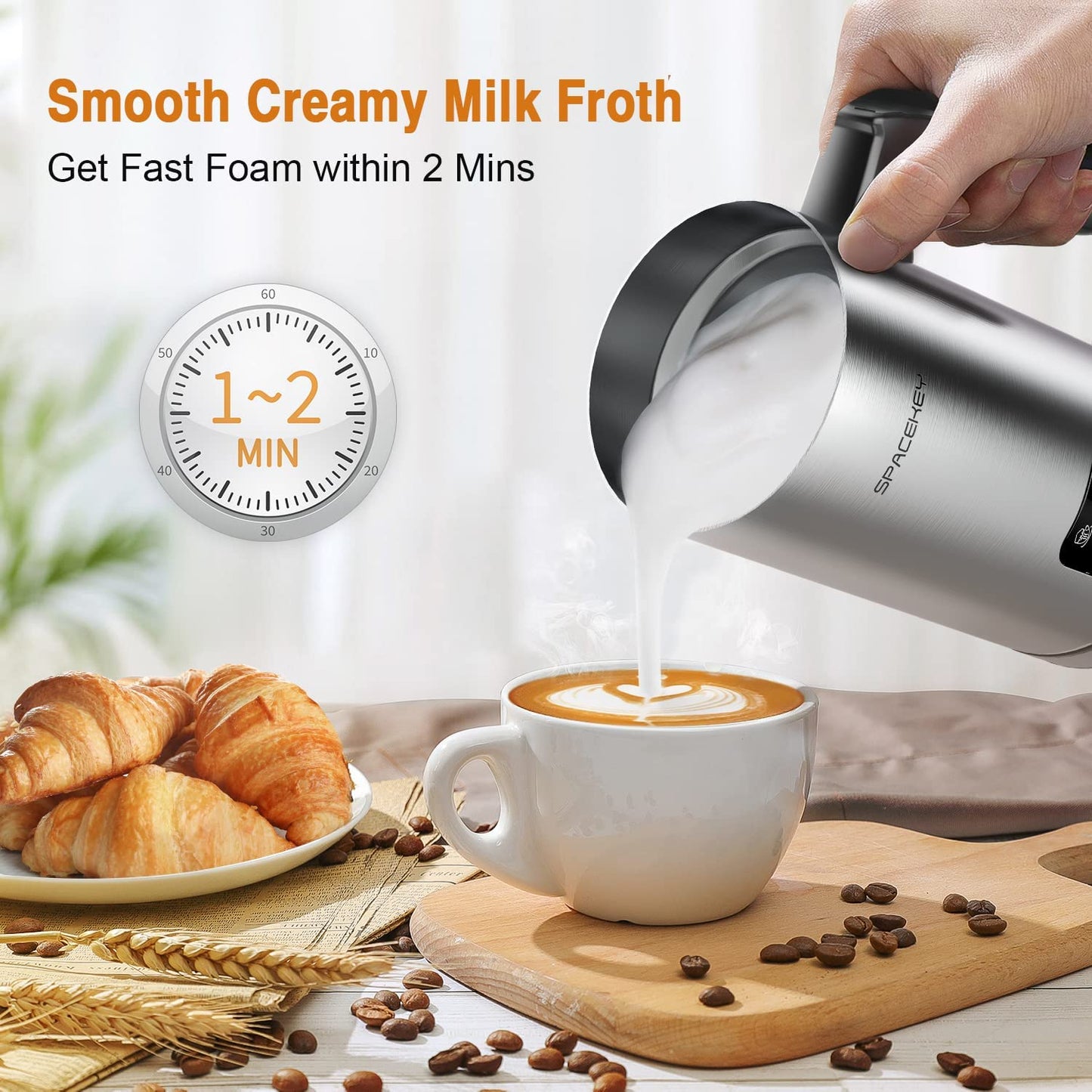 Milk Frother, Electric Milk Steamer, Spacekey 4-in-1 Automatic Hot and Cold Foam Maker with Touch Screen, 10oz/300ml Stainless Steel Milk Foamer with Buzzer for Latte,Cappuccinos,Chocolate Milk,Silver - MONLANE