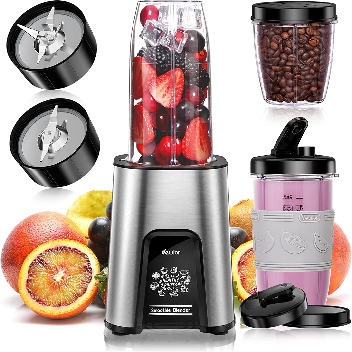 VEWIOR 1000W Smoothie Blender for Shakes and Smoothies, 11 Pieces Personal Blender for Kitchen, 2*23oz+10oz Blender Cups with To-Go Lids for Fruit Vegetables, Beans, Nuts, Spices(Shipment from FBA) - MONLANE