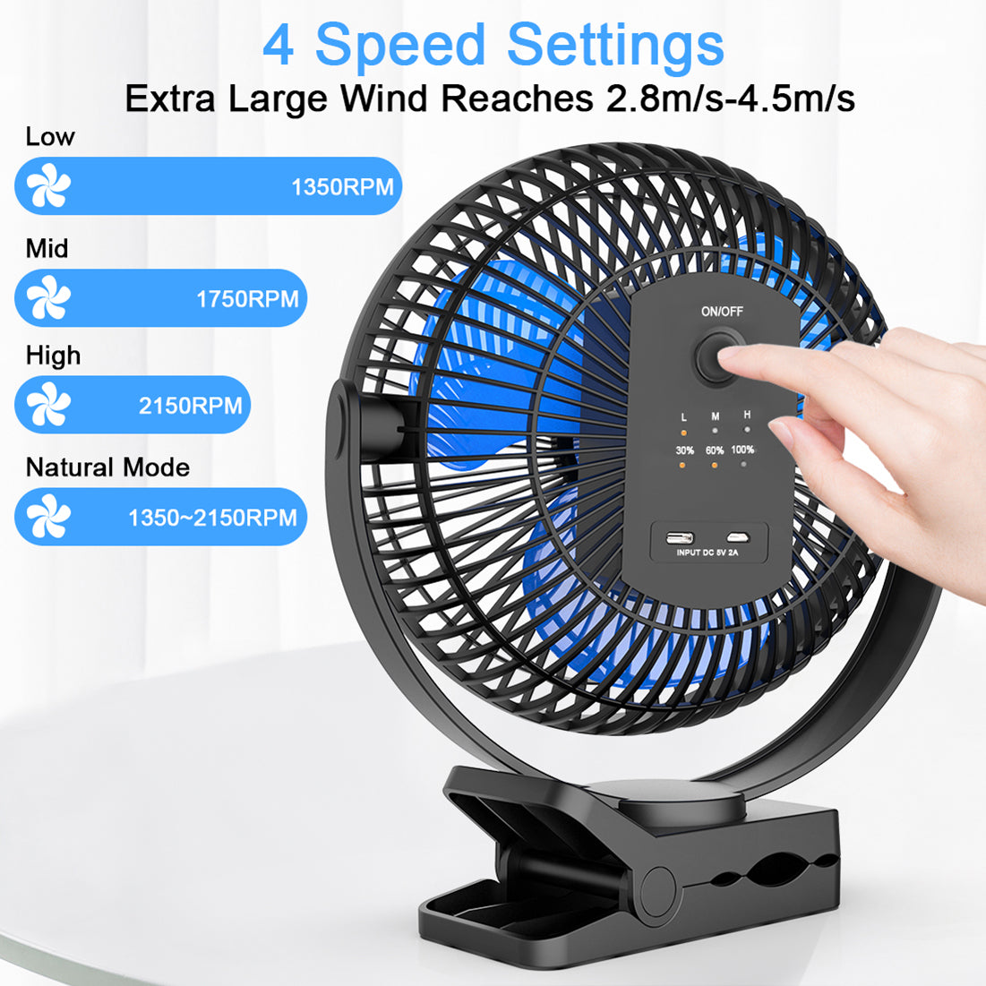 10000mAh Rechargeable Portable Fan, 8-Inch Battery Operated Clip on Fan, USB Fan, 4 Speeds, Strong Airflow, Sturdy Clamp for Personal Office Desk Golf Car Outdoor Travel Camping Tent Gym - MONLANE