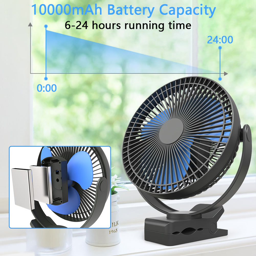 10000mAh Rechargeable Portable Fan, 8-Inch Battery Operated Clip on Fan, USB Fan, 4 Speeds, Strong Airflow, Sturdy Clamp for Personal Office Desk Golf Car Outdoor Travel Camping Tent Gym - MONLANE