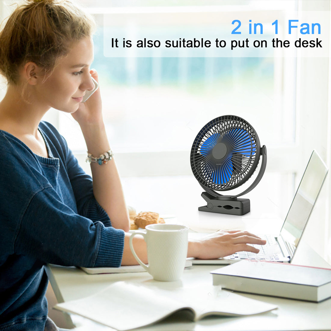 10000mAh Rechargeable Portable Fan, 8-Inch Battery Operated Clip on Fan, USB Fan, 4 Speeds, Strong Airflow, Sturdy Clamp for Personal Office Desk Golf Car Outdoor Travel Camping Tent Gym - MONLANE