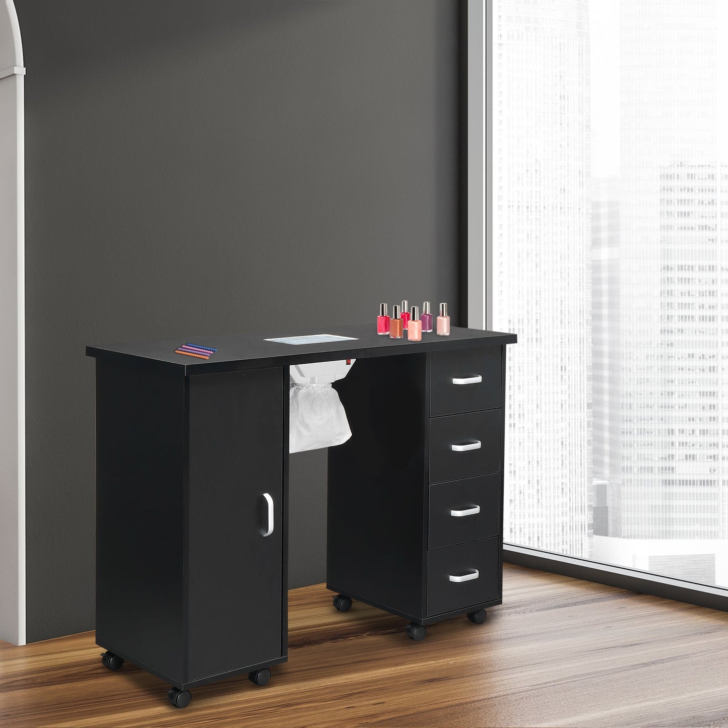 Single Door 4 Drawers with Fan Black Nail Table - MONLANE