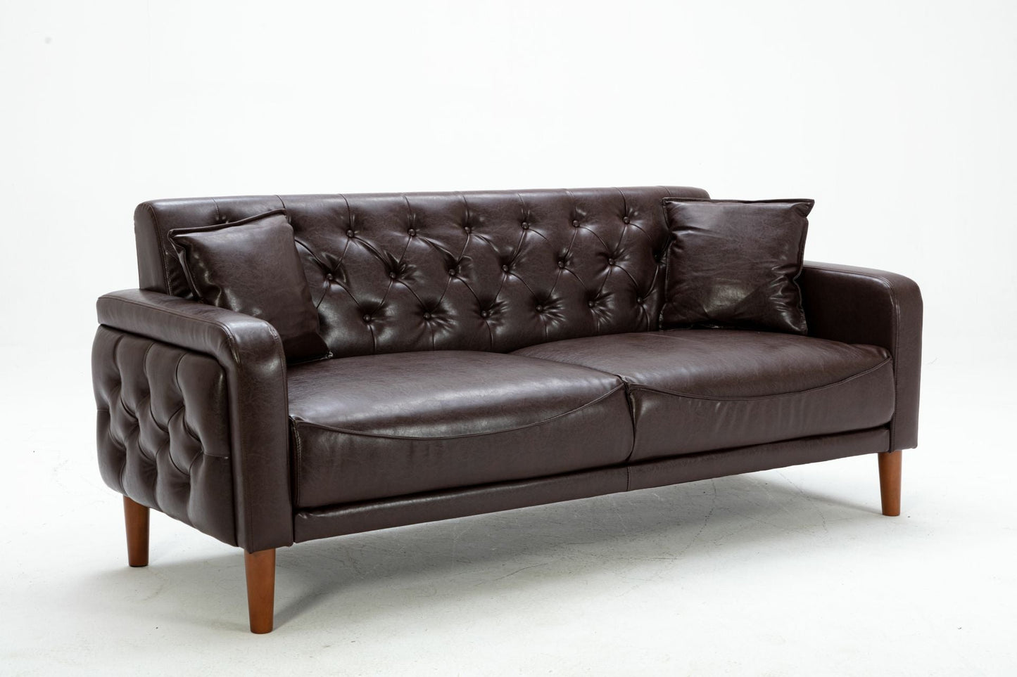 Brown PU Leather Sponge Sofa, Indoor Sofa, Removable Wooden Feet, Tufted Buttons - MONLANE
