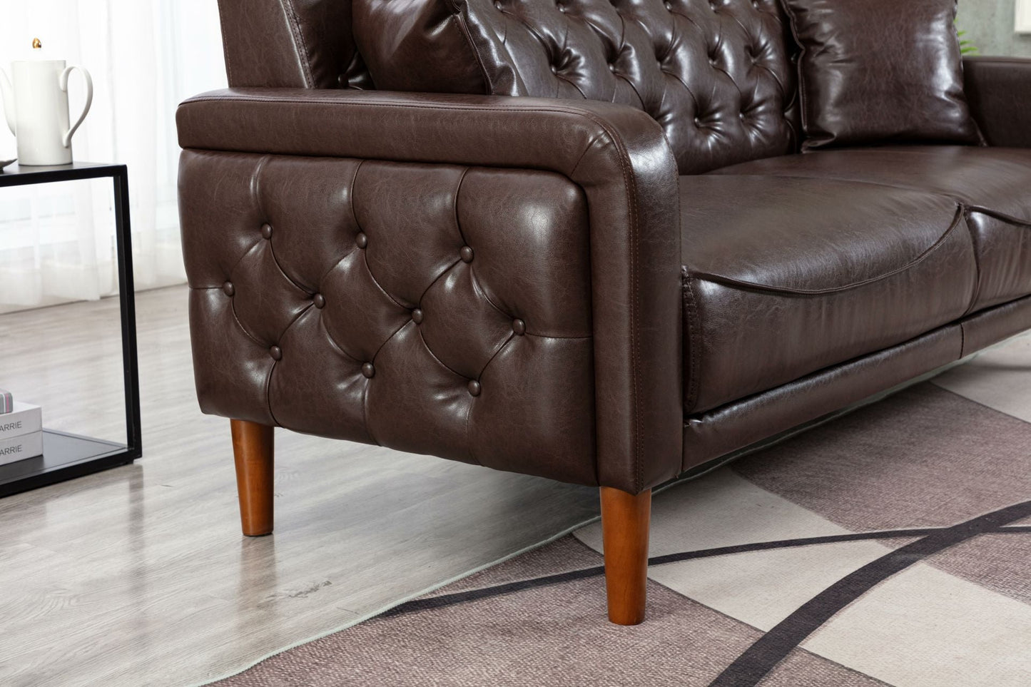 Brown PU Leather Sponge Sofa, Indoor Sofa, Removable Wooden Feet, Tufted Buttons - MONLANE