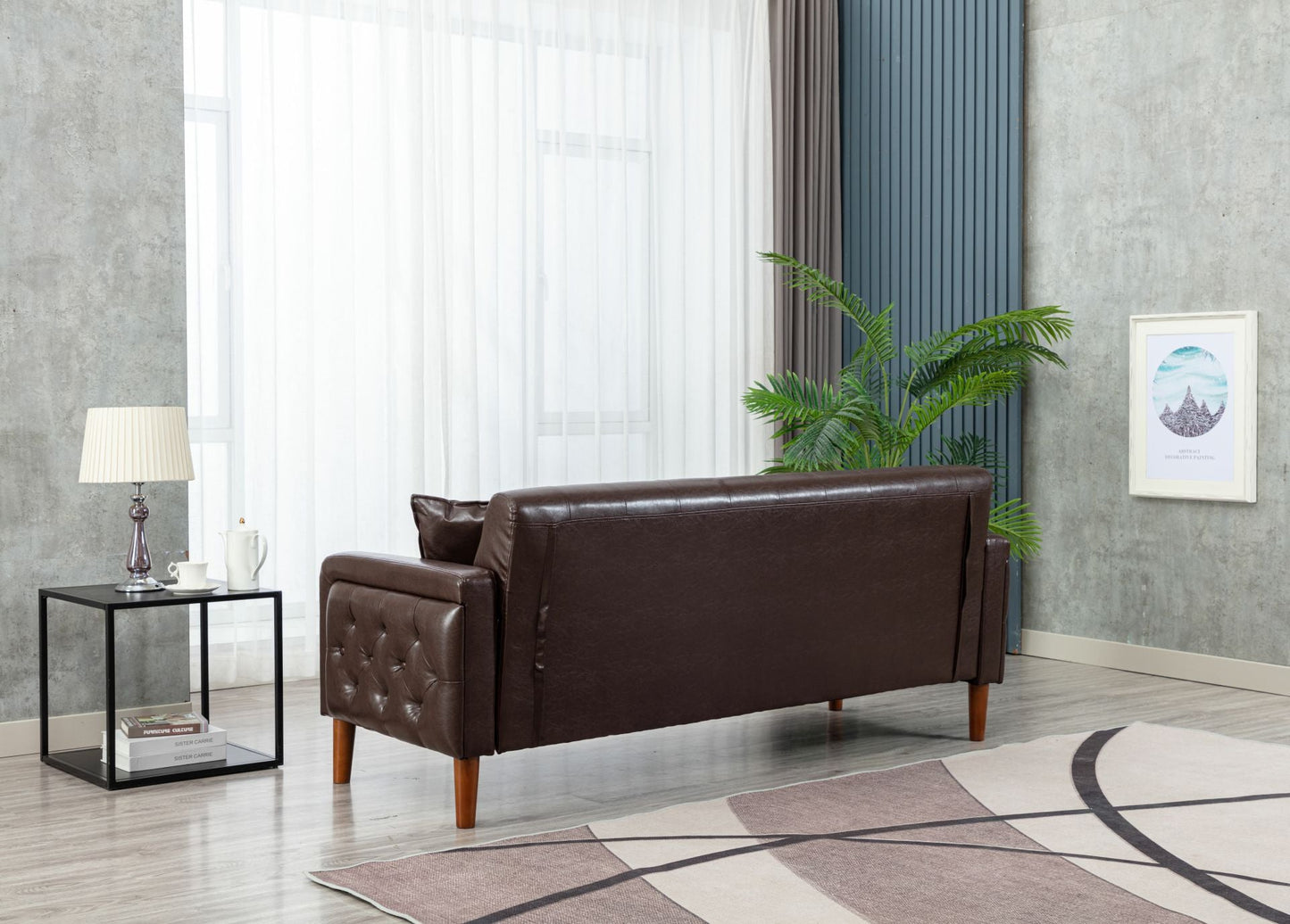 Brown PU Leather Sponge Sofa, Indoor Sofa, Removable Wooden Feet, Tufted Buttons - MONLANE