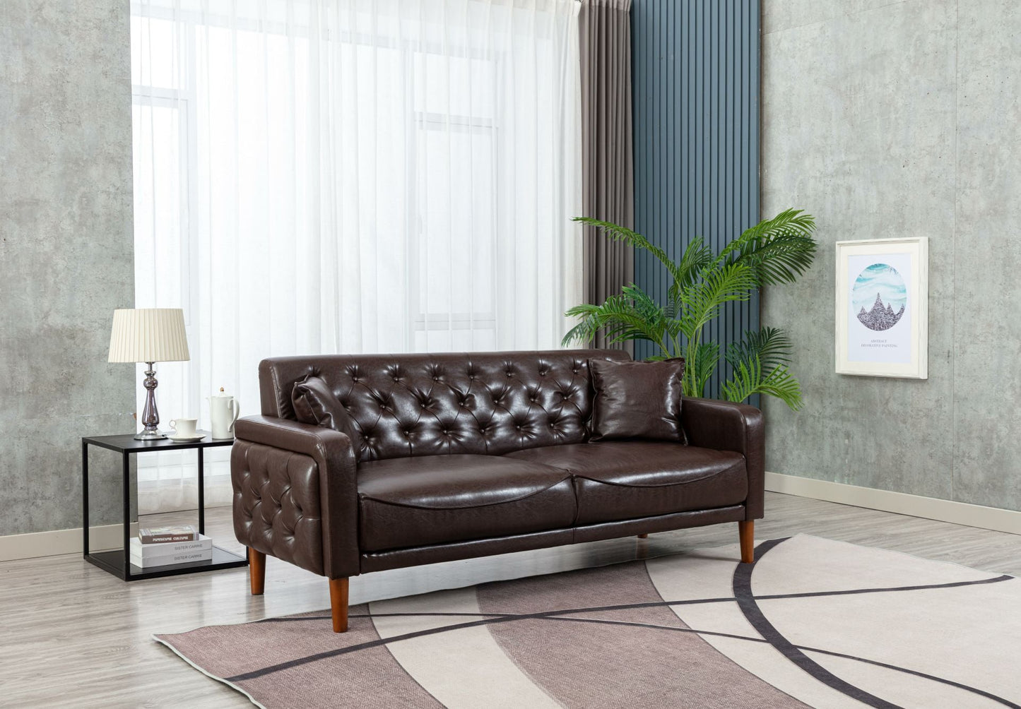 Brown PU Leather Sponge Sofa, Indoor Sofa, Removable Wooden Feet, Tufted Buttons - MONLANE