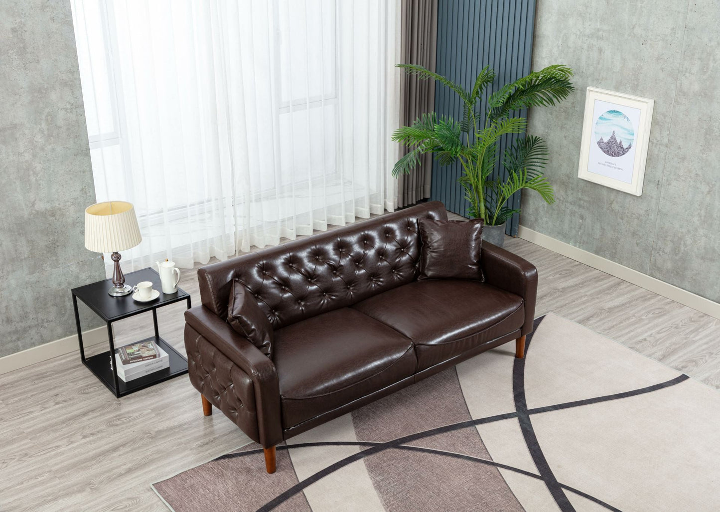 Brown PU Leather Sponge Sofa, Indoor Sofa, Removable Wooden Feet, Tufted Buttons - MONLANE