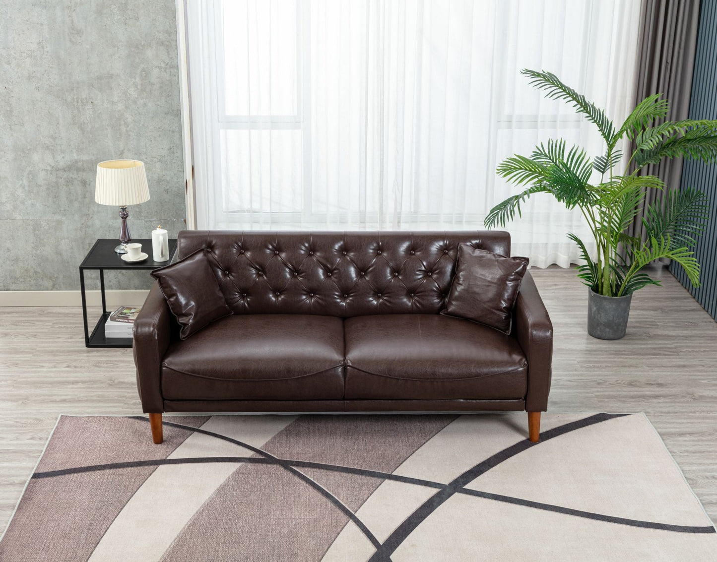 Brown PU Leather Sponge Sofa, Indoor Sofa, Removable Wooden Feet, Tufted Buttons - MONLANE
