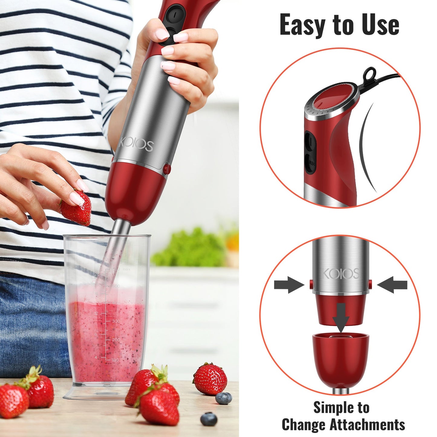 KOIOS Immersion Blender, Upgraded 5-in-1 Handheld Blender 1000W 12 Speed with Turbo Mode, Stick Blender,600ml Mixing Beaker,500ml Food Processor, Whisk, Milk Frother, BPA-Free, Red - MONLANE