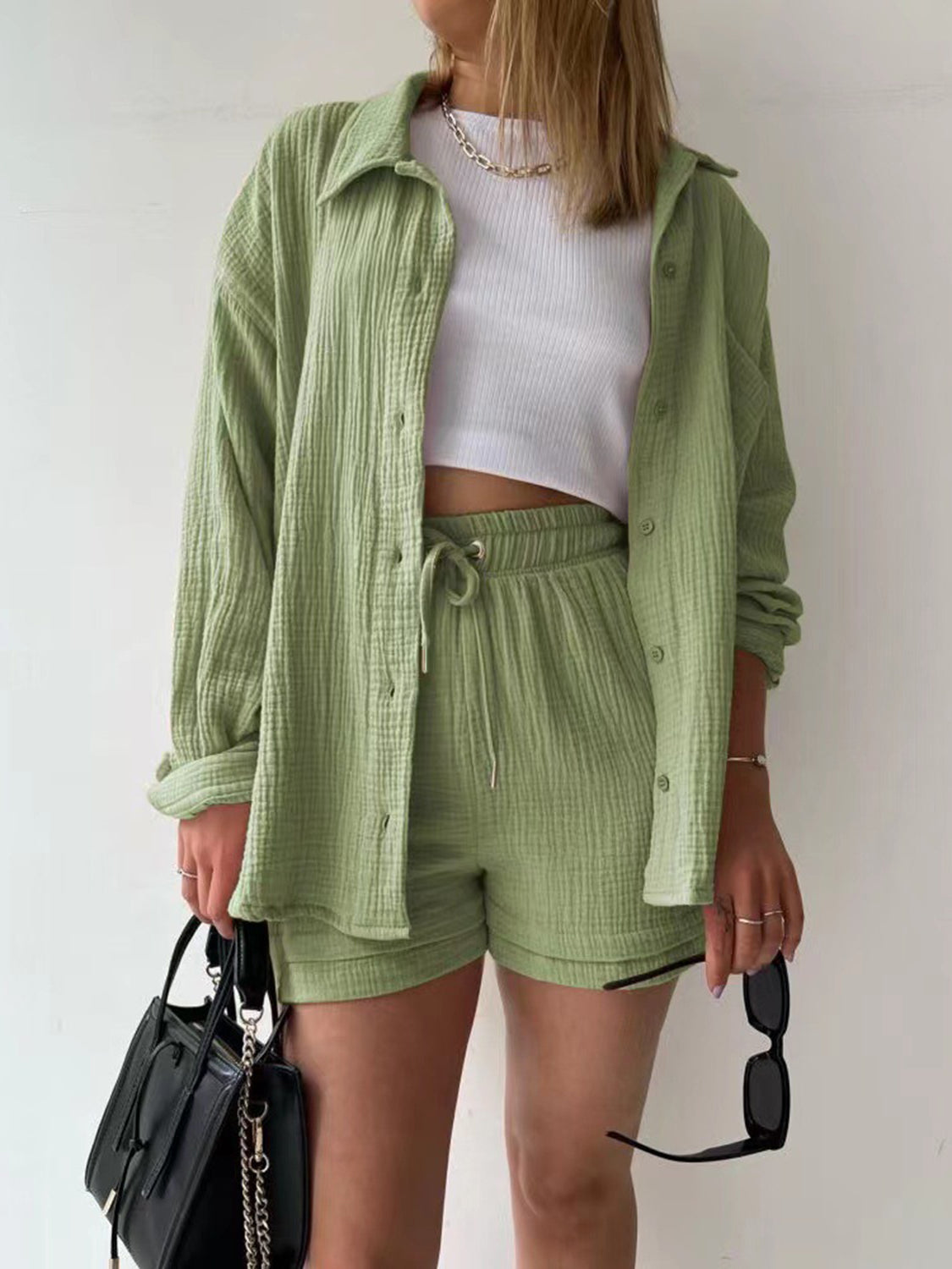 Texture Button Up Shirt and Drawstring Shorts Set - MONLANE
