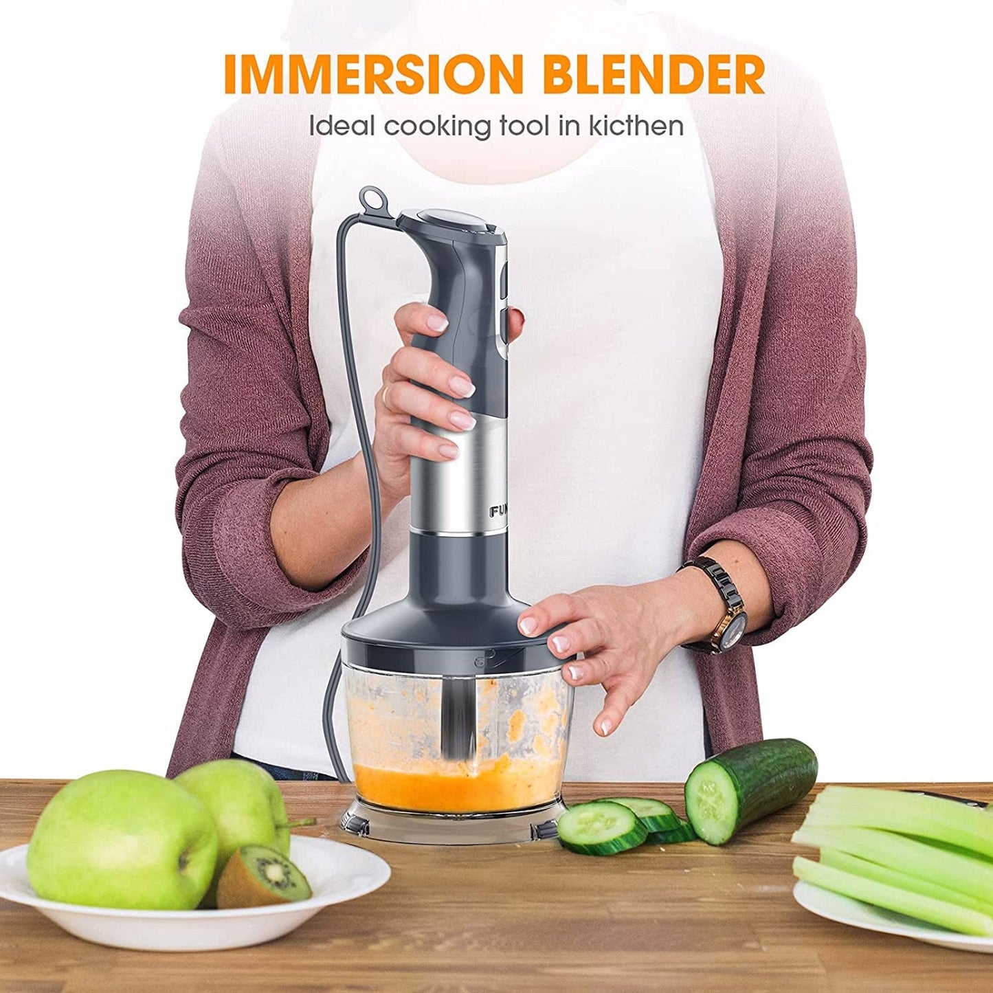FUNAVO Immersion Hand Blender, 5-in-1 Multi-Function 12 Speed 800W Stainless Steel Handheld Stick Blender with Turbo Mode, 600ml Beaker, 500ml Chopping Bowl, Whisk, Frother Attachments, BPA-Free - MONLANE
