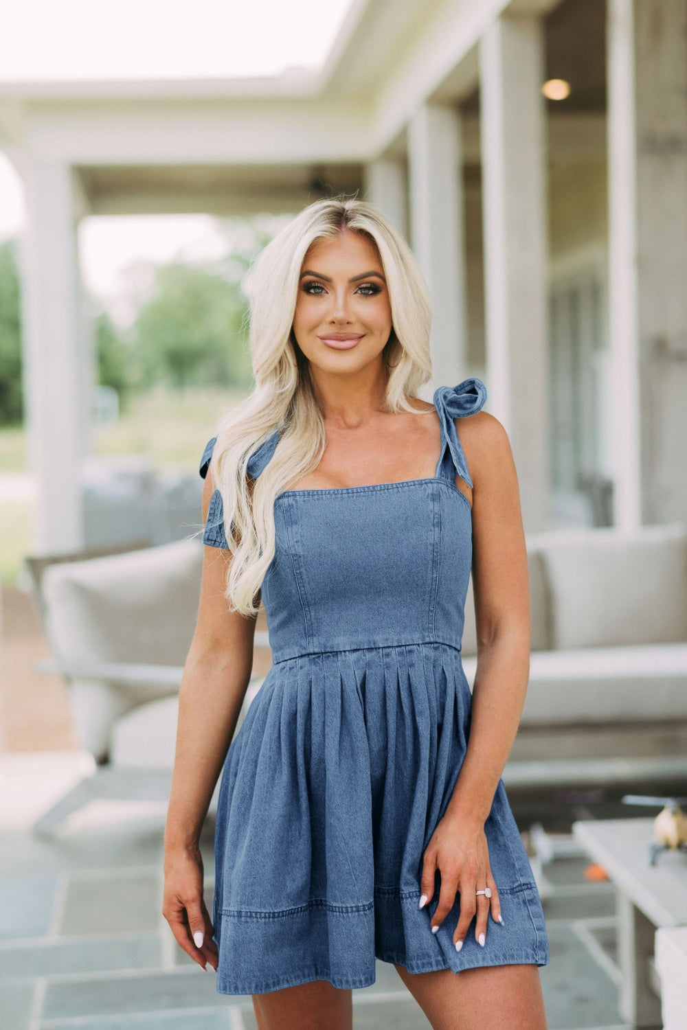 Square Neck Tie Shoulder Denim Dress - MONLANE