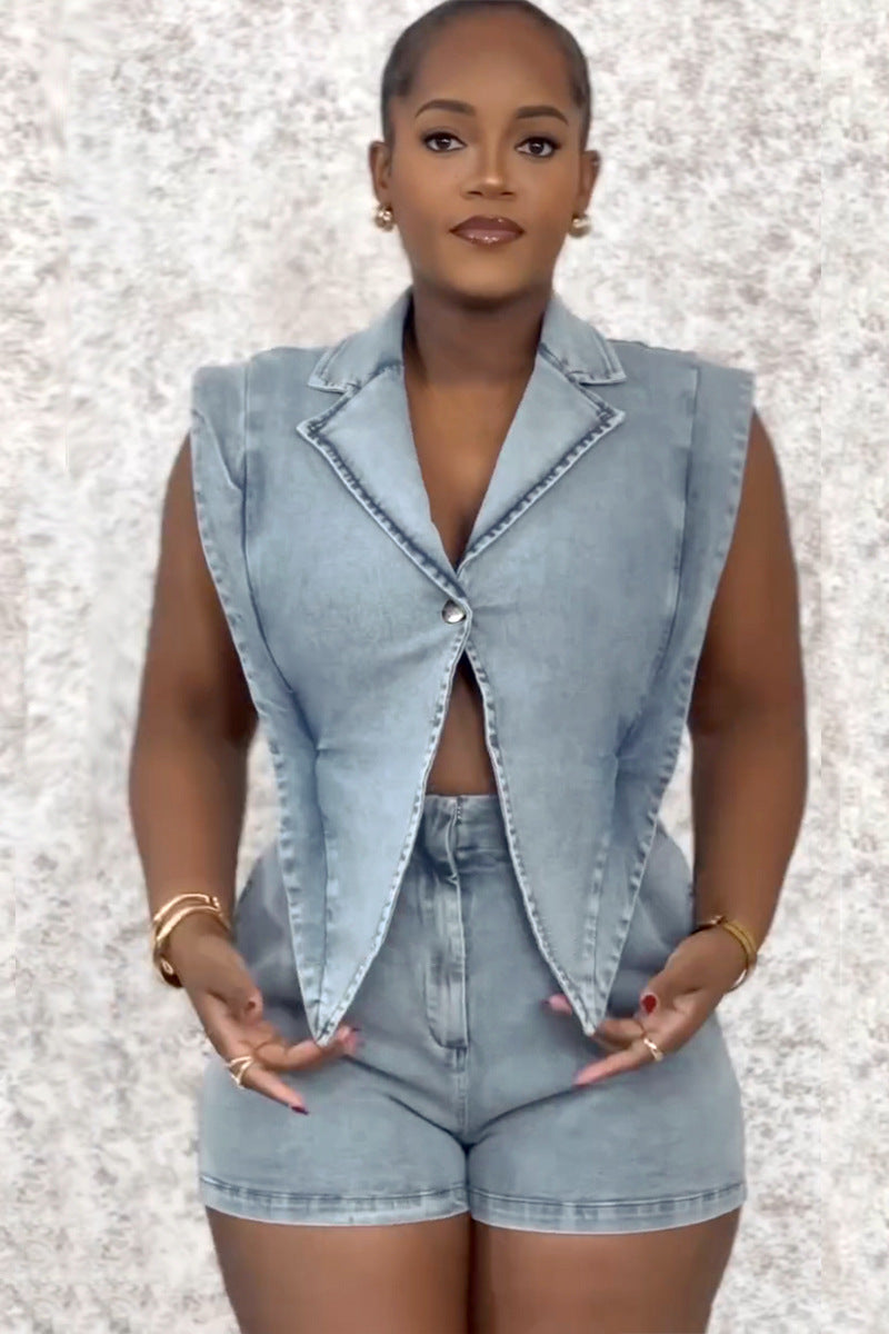 Washed Loose Short Denim Jumpsuit