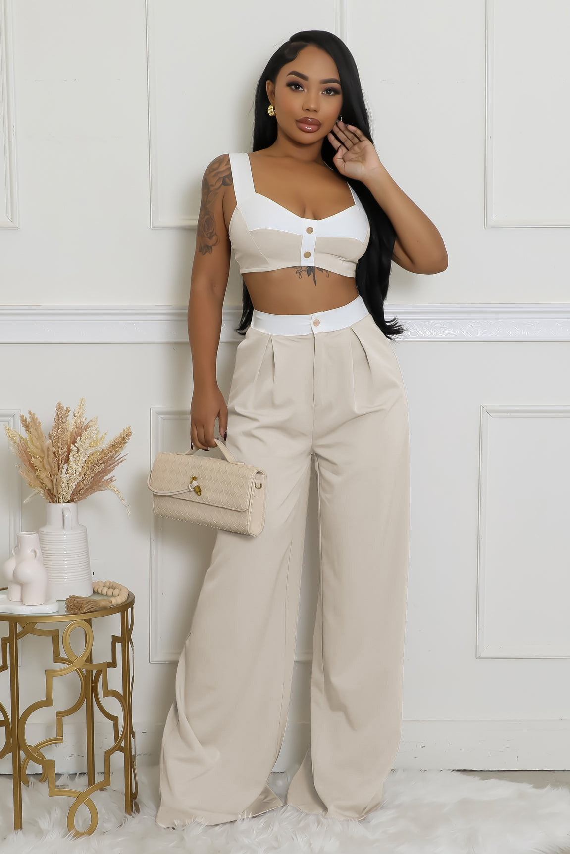 Strapped Color Blocked Wide Leg Pants Set