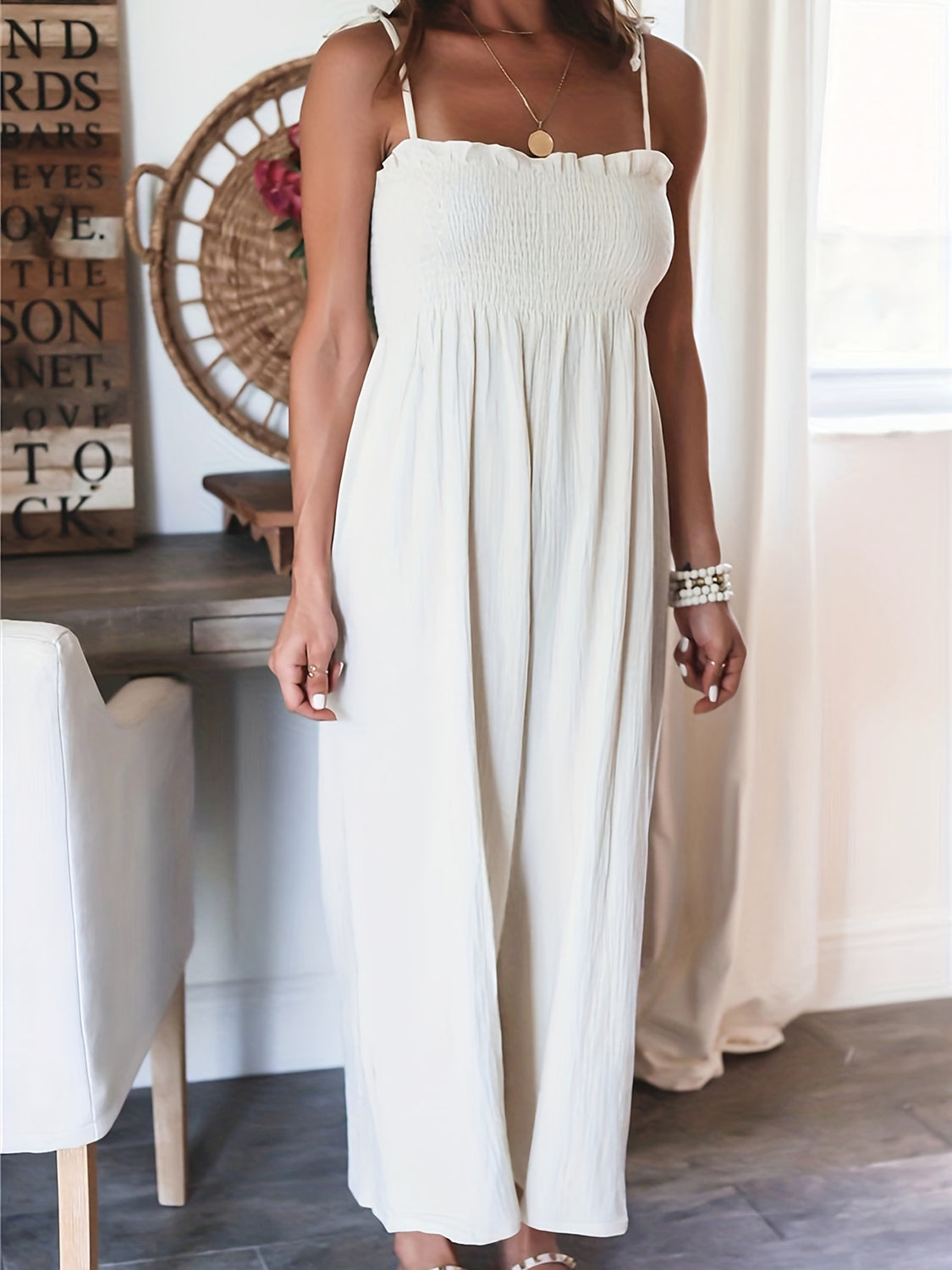 Smocked Spaghetti Strap Wide Leg Jumpsuit - MONLANE