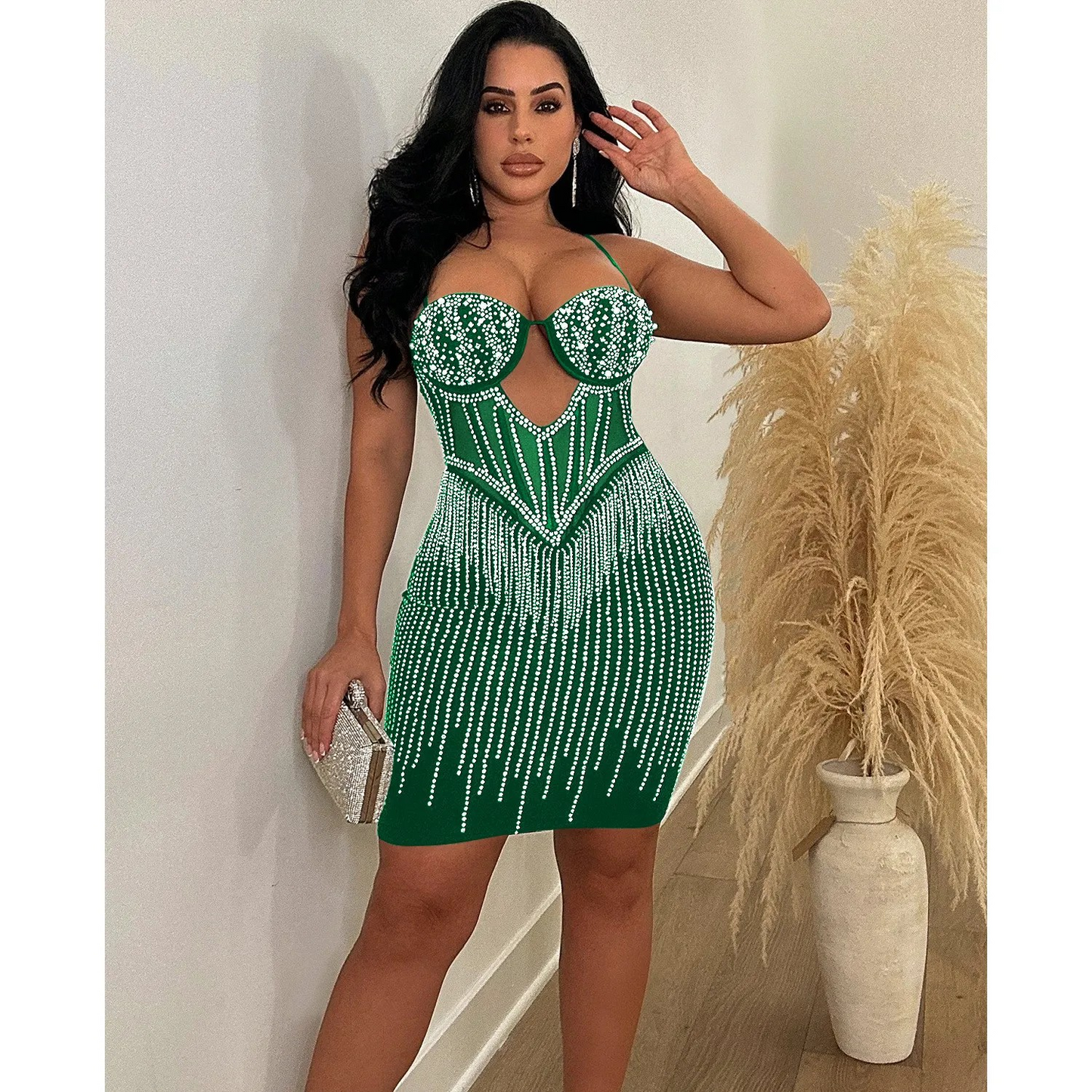 Solid Colour Diamond Strap Short Dress
