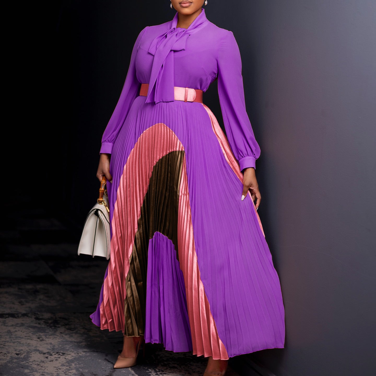 Lace Up Pleated Long Sleeved Dress