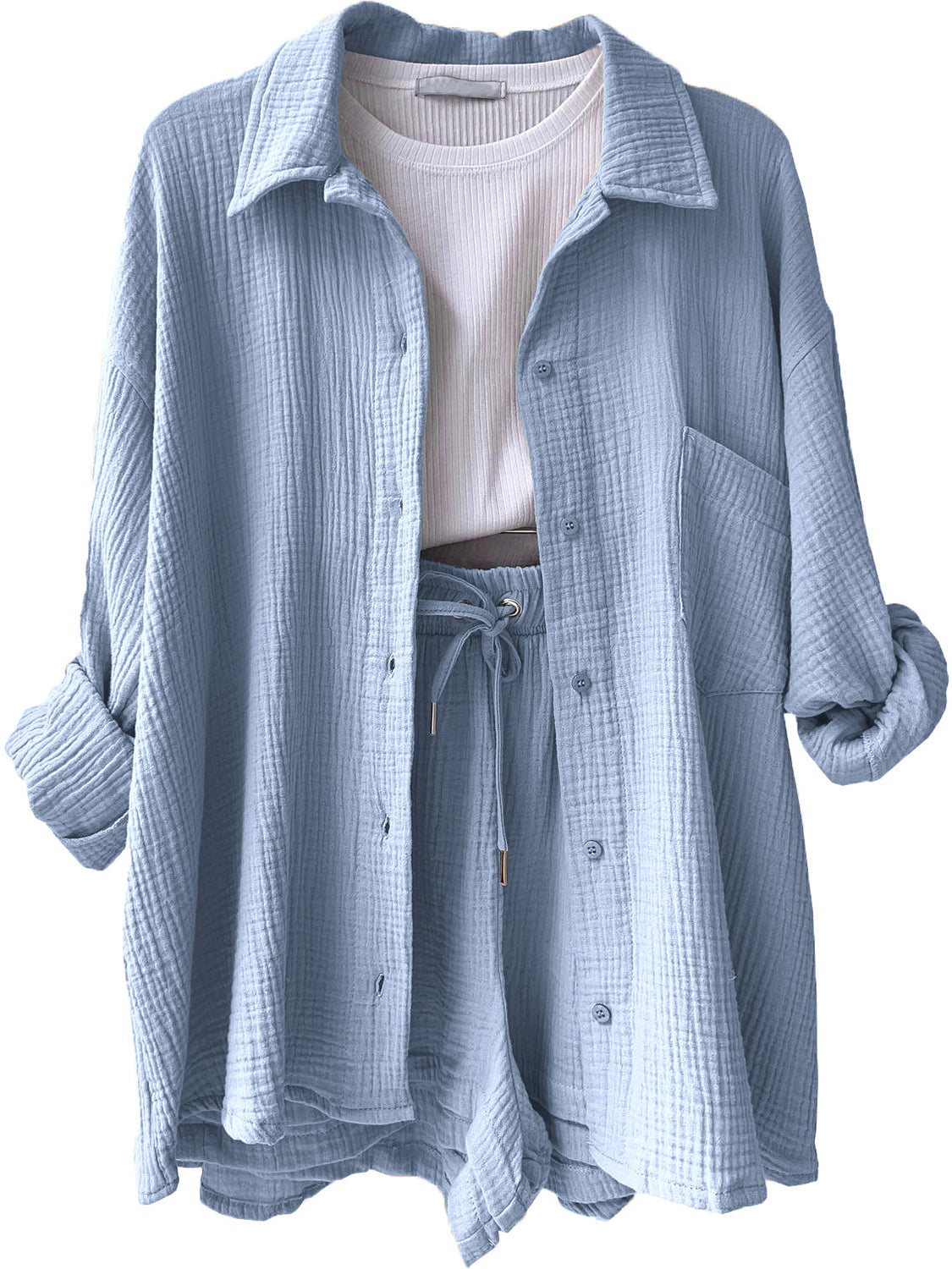 Texture Button Up Shirt and Drawstring Shorts Set - MONLANE