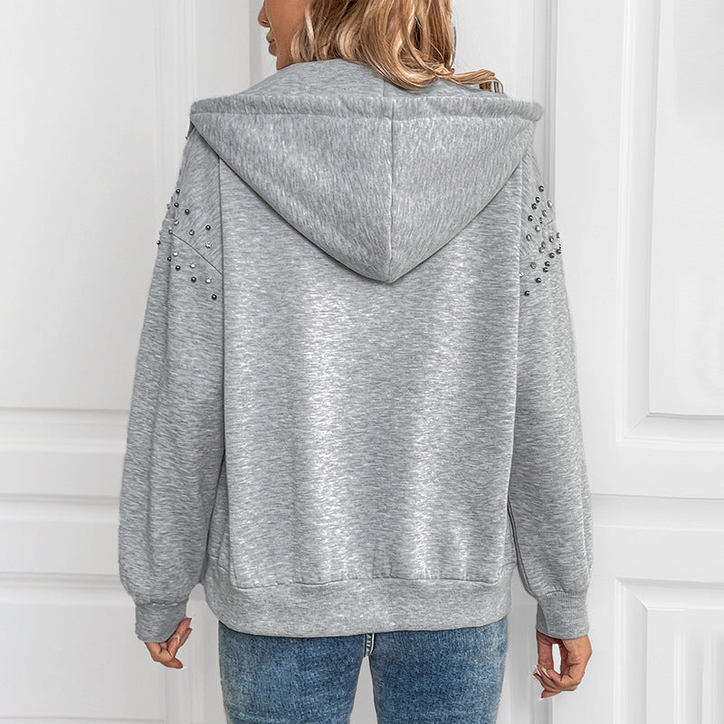 Rhinestone Zip Up Long Sleeve Hoodie