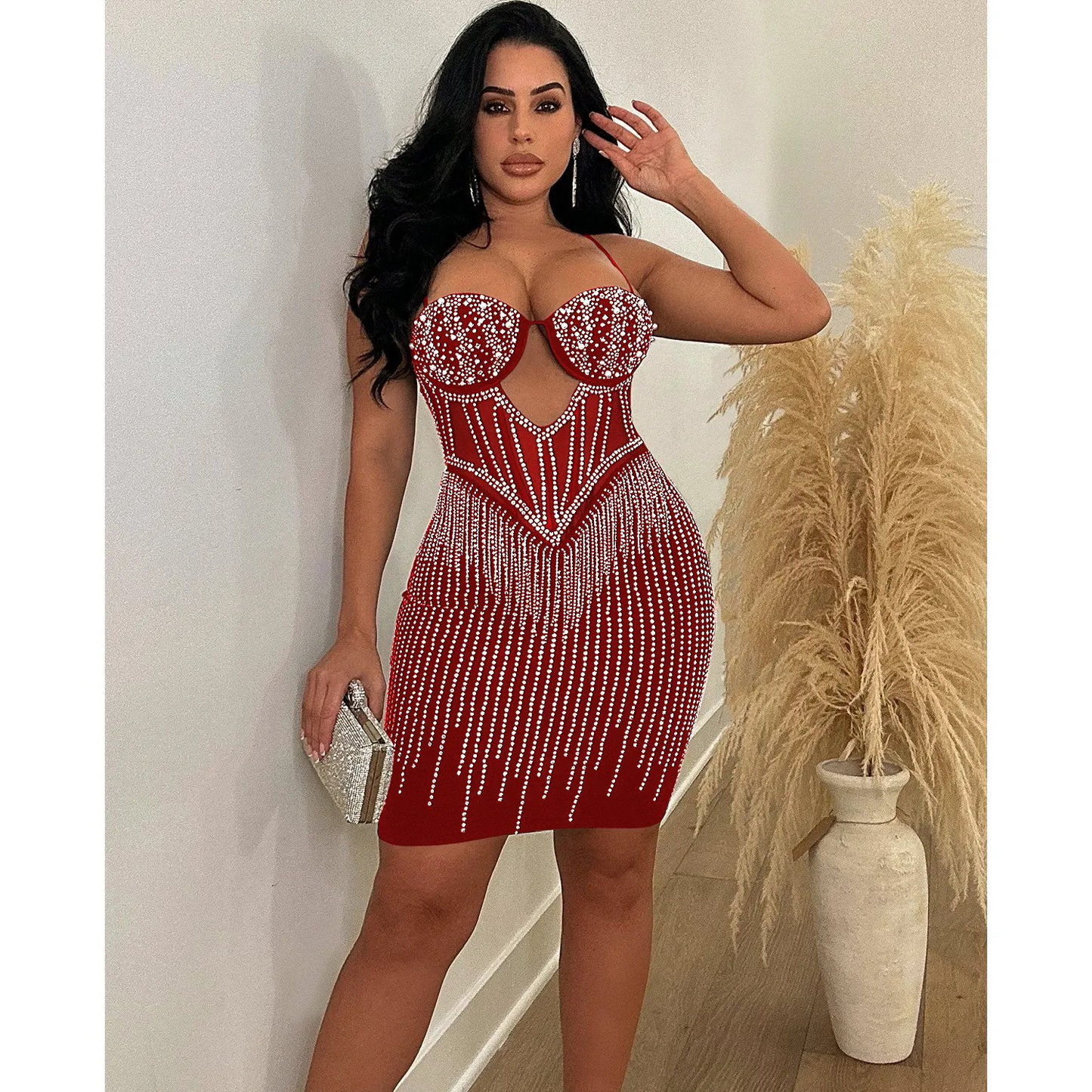 Solid Colour Diamond Strap Short Dress