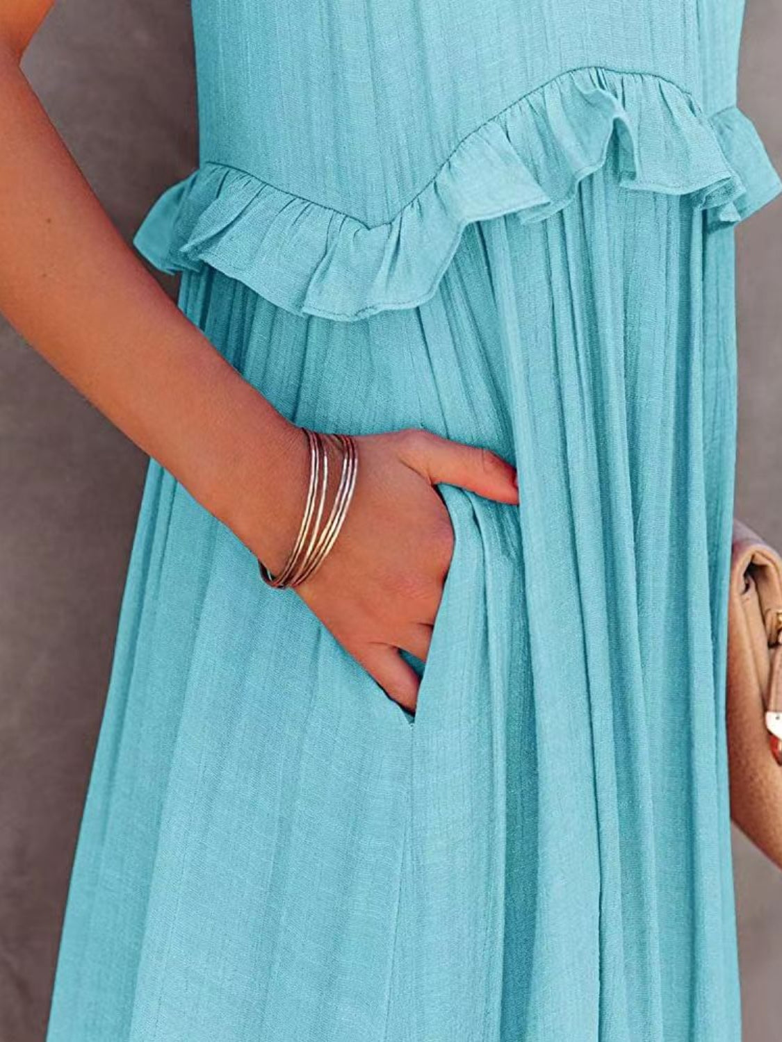 Ruffled Sleeveless Tiered Maxi Dress with Pockets - MONLANE