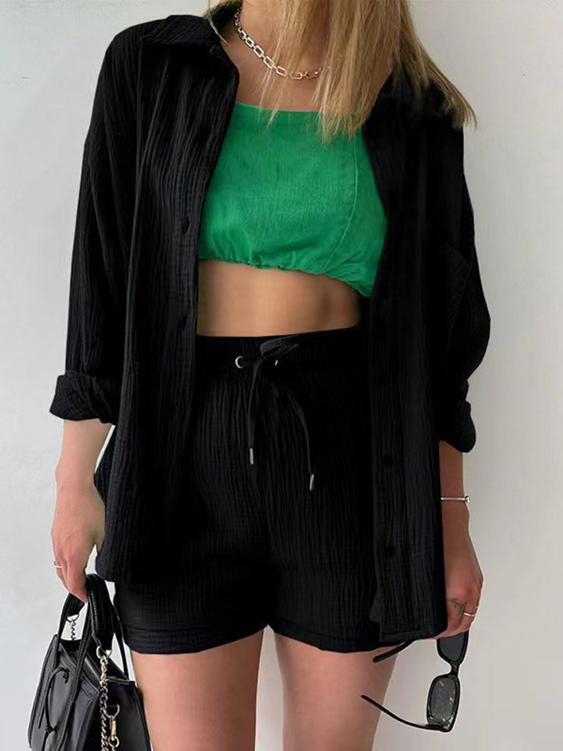 Texture Button Up Shirt and Drawstring Shorts Set - MONLANE