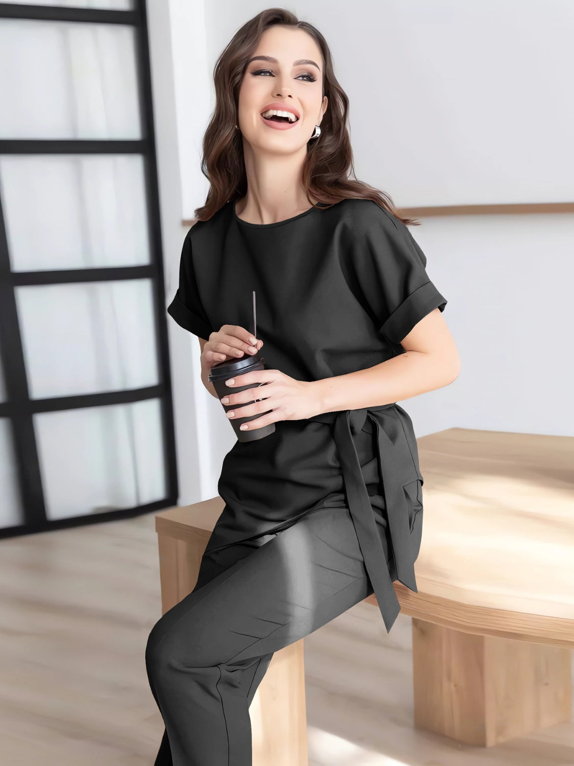 Round Neck Short Sleeve Top and Pants Set - MONLANE