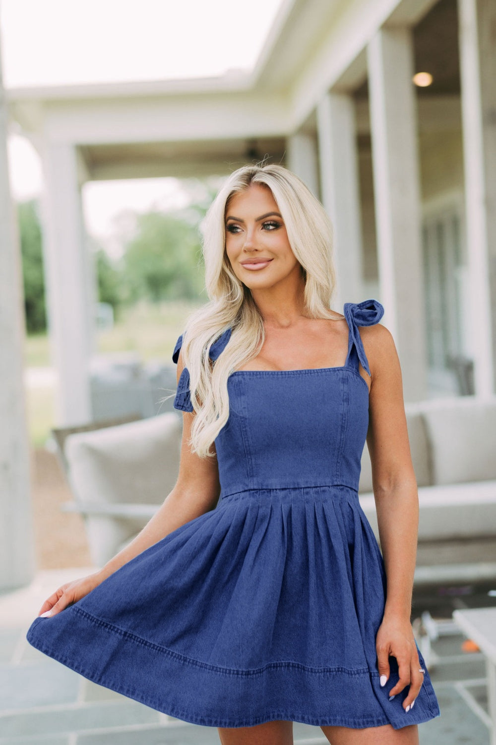 Square Neck Tie Shoulder Denim Dress - MONLANE