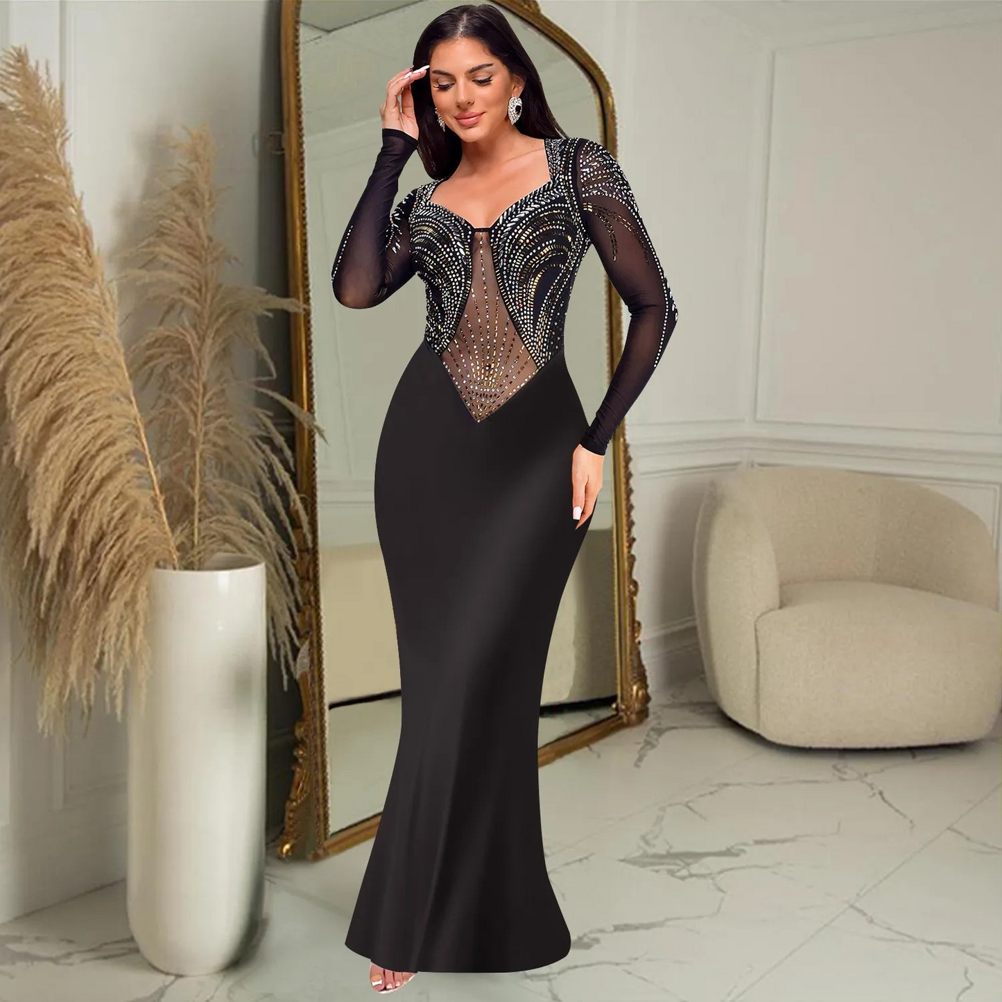 Rhinestone solid color long sleeved dress