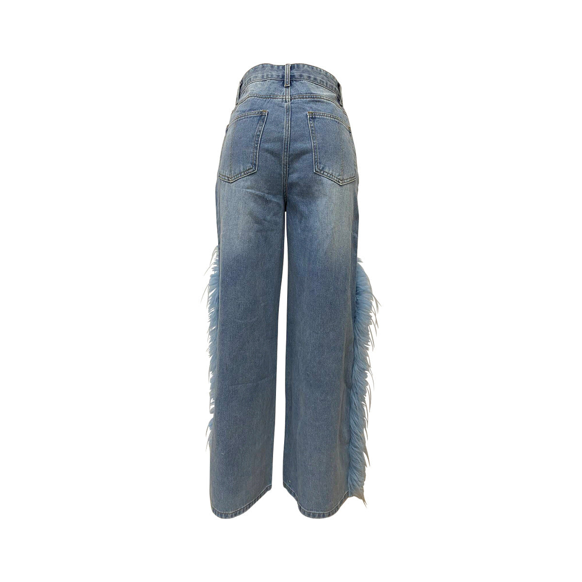 Splicing fuzzy edge straight leg denim pants