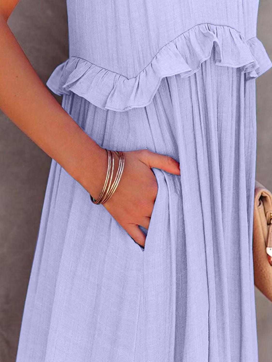Ruffled Sleeveless Tiered Maxi Dress with Pockets - MONLANE