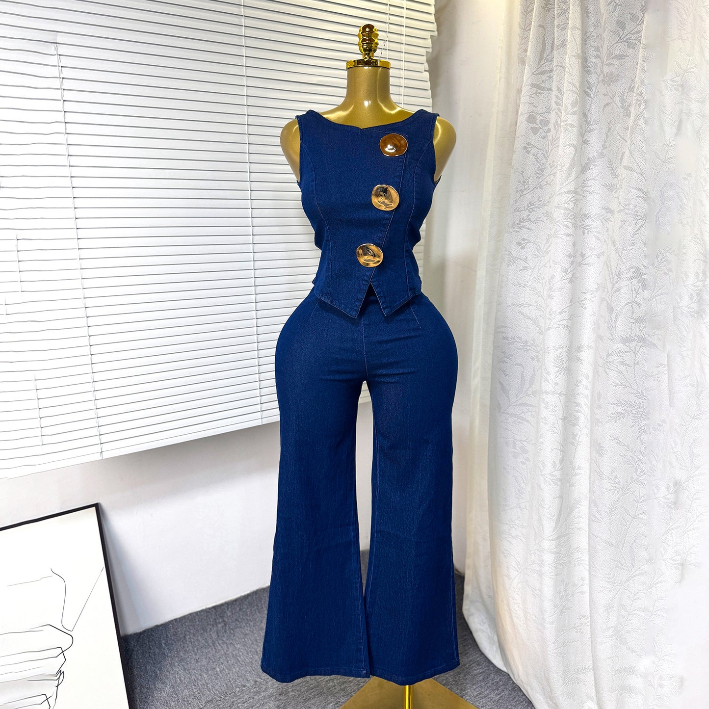 Sleeveless vest high waist denim suit