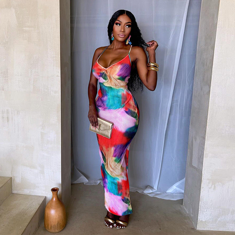 Printed Sleeveless Suspender Dress