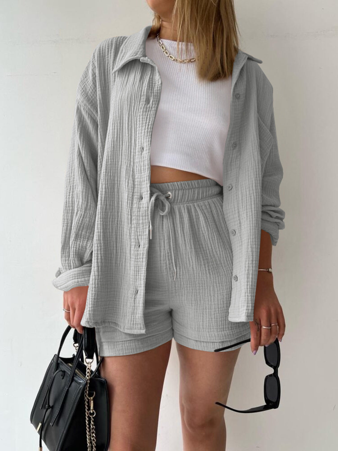 Texture Button Up Shirt and Drawstring Shorts Set - MONLANE