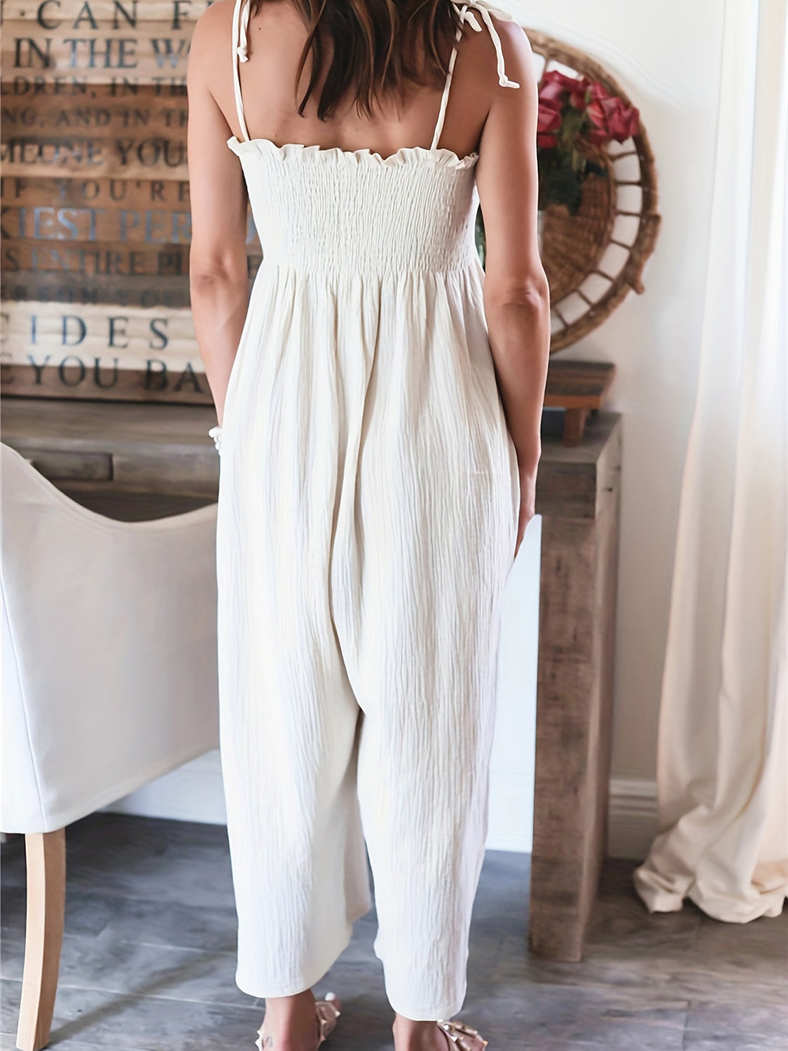 Smocked Spaghetti Strap Wide Leg Jumpsuit - MONLANE