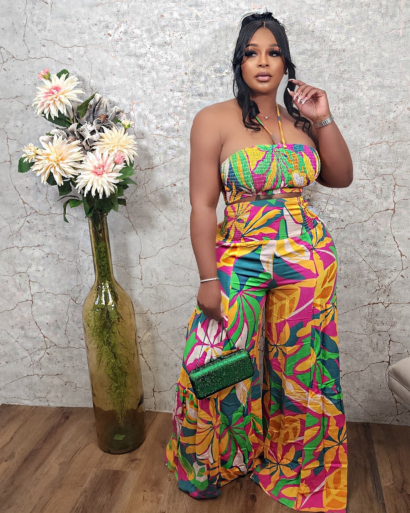 Two Piece Wide Leg Printed Pants Set