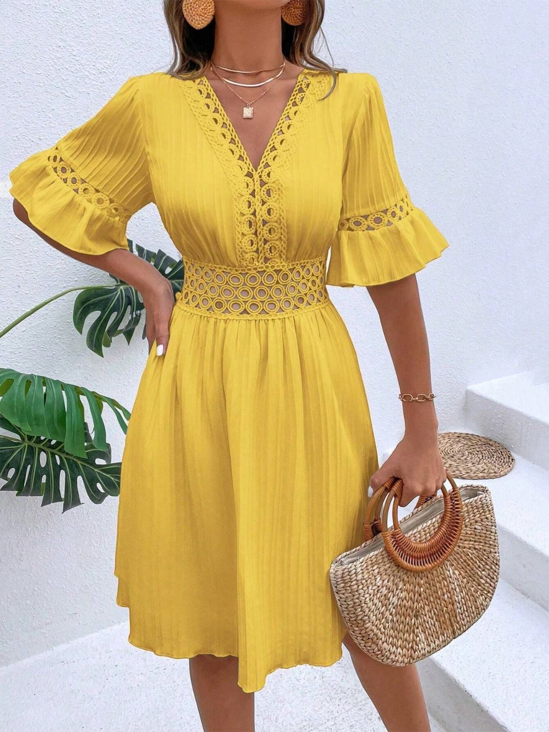 V-Neck Flounce Sleeve Mini Dress