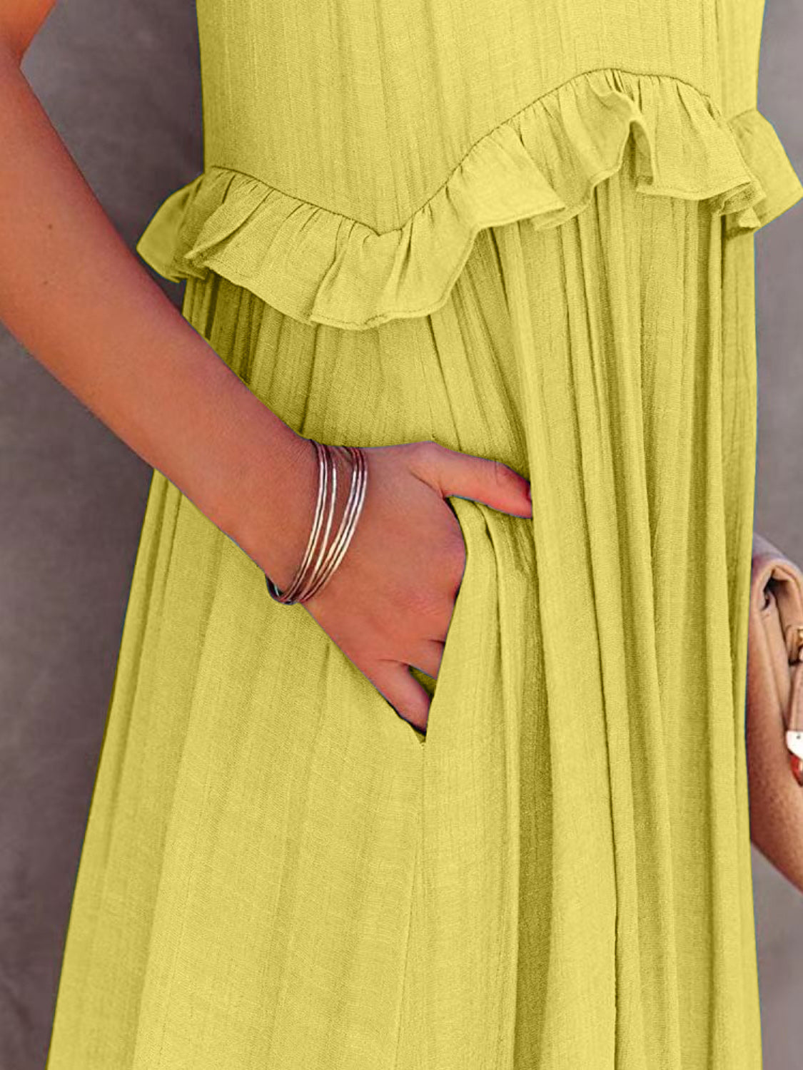 Ruffled Sleeveless Tiered Maxi Dress with Pockets - MONLANE